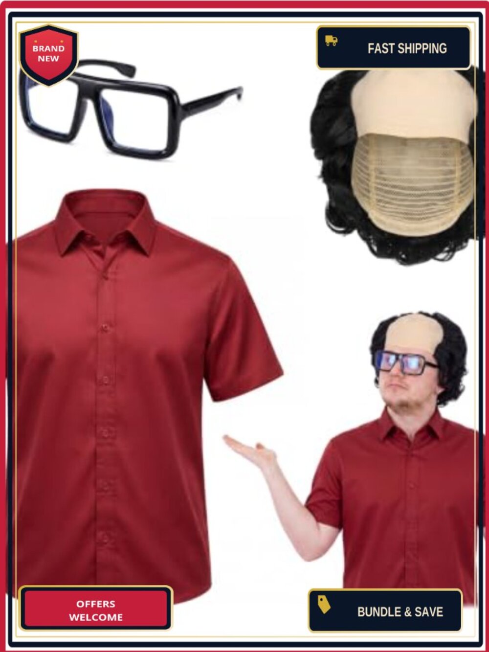 Halloween Villain Costume Set Wig Shirt Glasses 3 Piece Cosplay Outfit